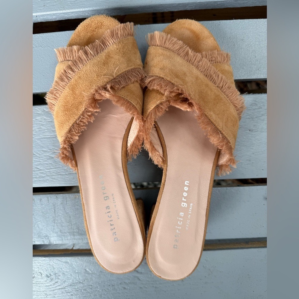 Patricia Green Camel Suede Fringe Mules